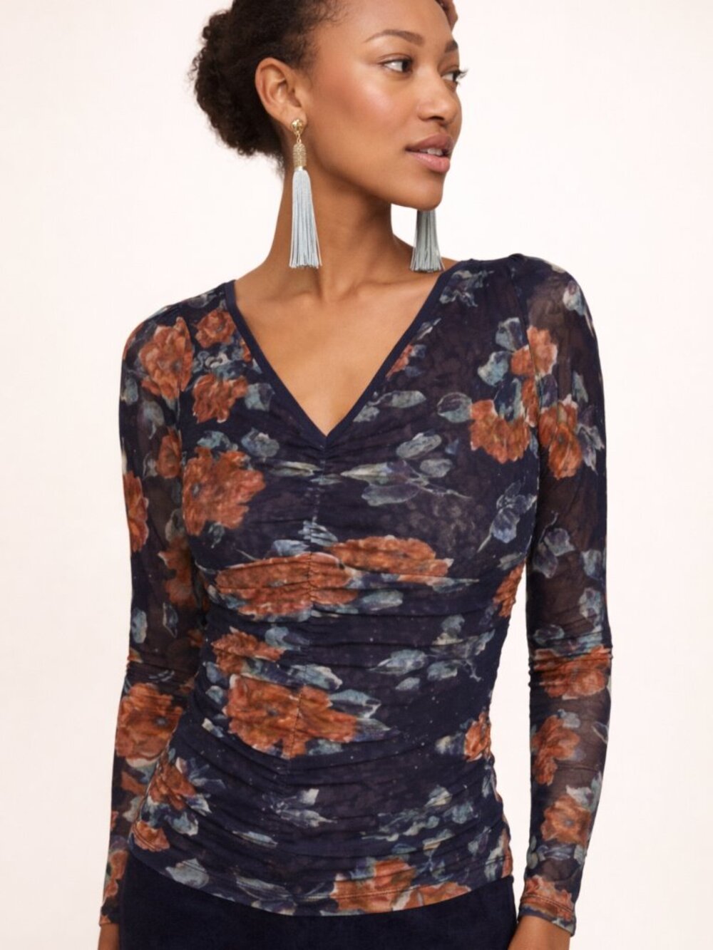 NWT Anthropologie Meadow Rue Shirred Floral Top- Y2K Ruched Mesh Sheer V Neck